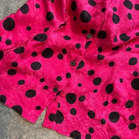 Vintage 80s Michelle Stuart Silk Pink Black Polka Dot Peplum Blouse Shirt 6 - Picture 12 of 13